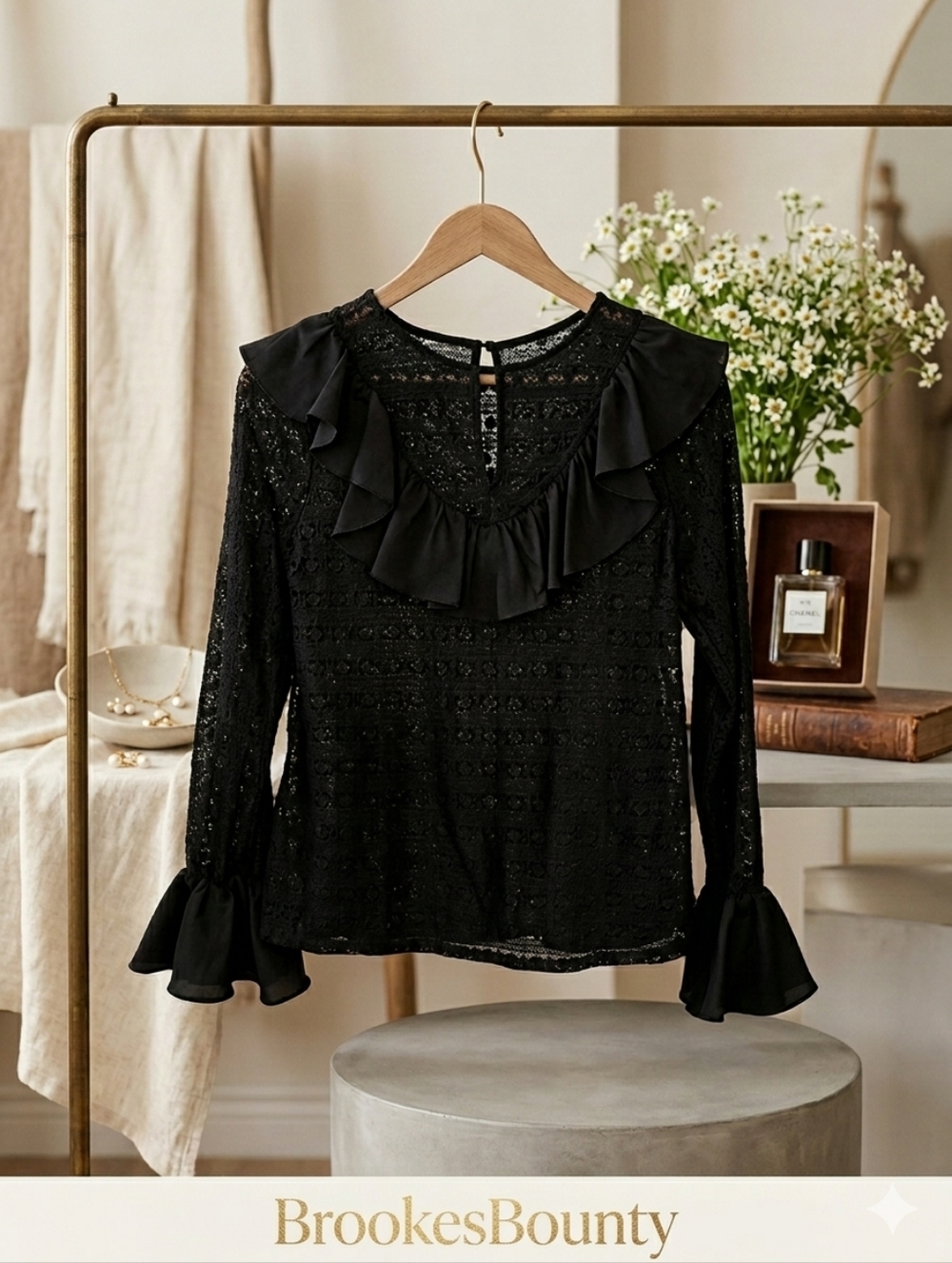 NWT Moon River Black Lace Ruffle Blouse Victorian Boho Bell Sleeve Size Small